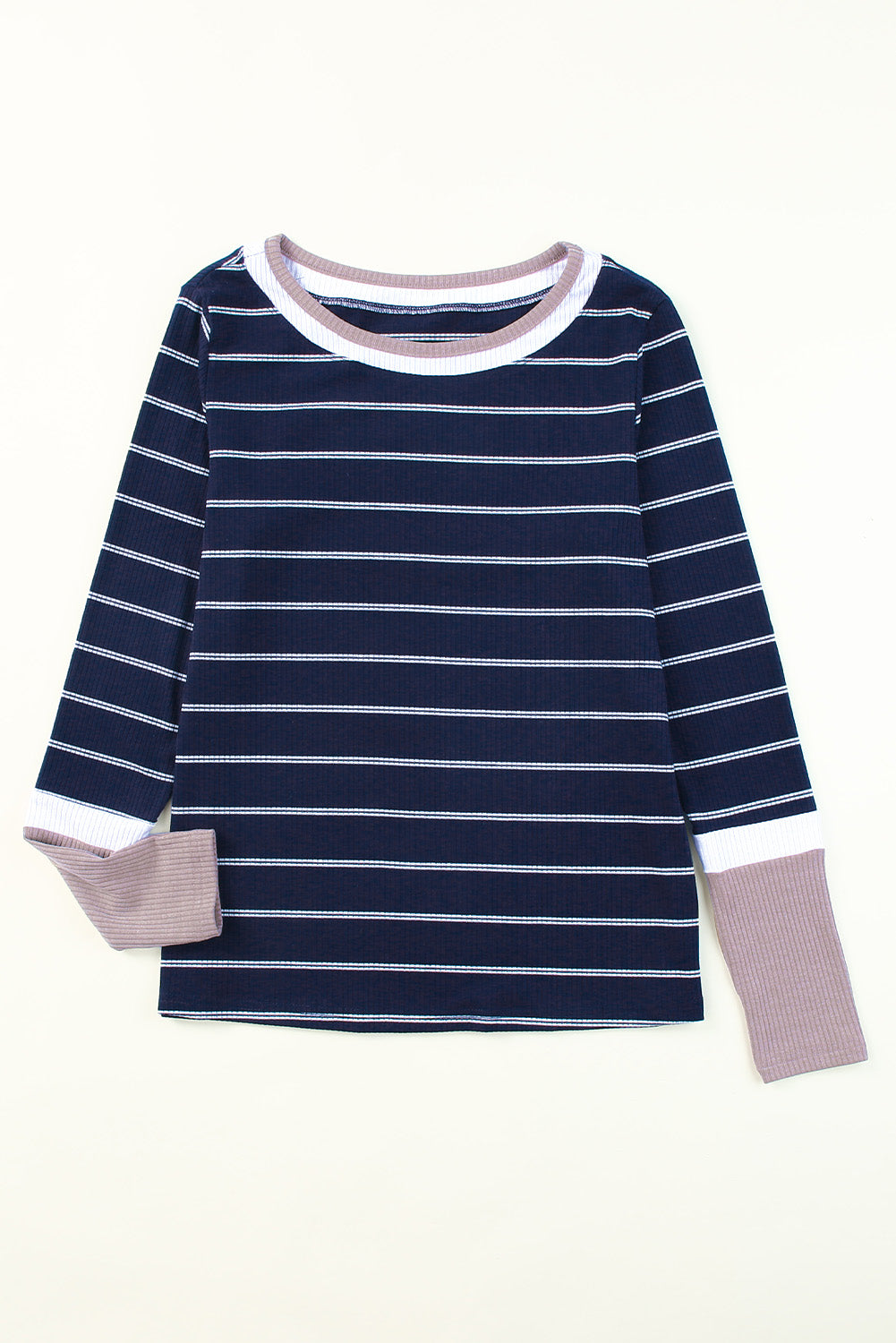 Extend Color Block Cuffs Rib Knit Striped Pullover