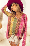 Floral Leopard Mixed Print V Neck Long Sleeve Tee