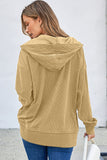 Simply Taupe Solid Ribbed Knit Buttoned Drop Shoulder Oversized Hoodie