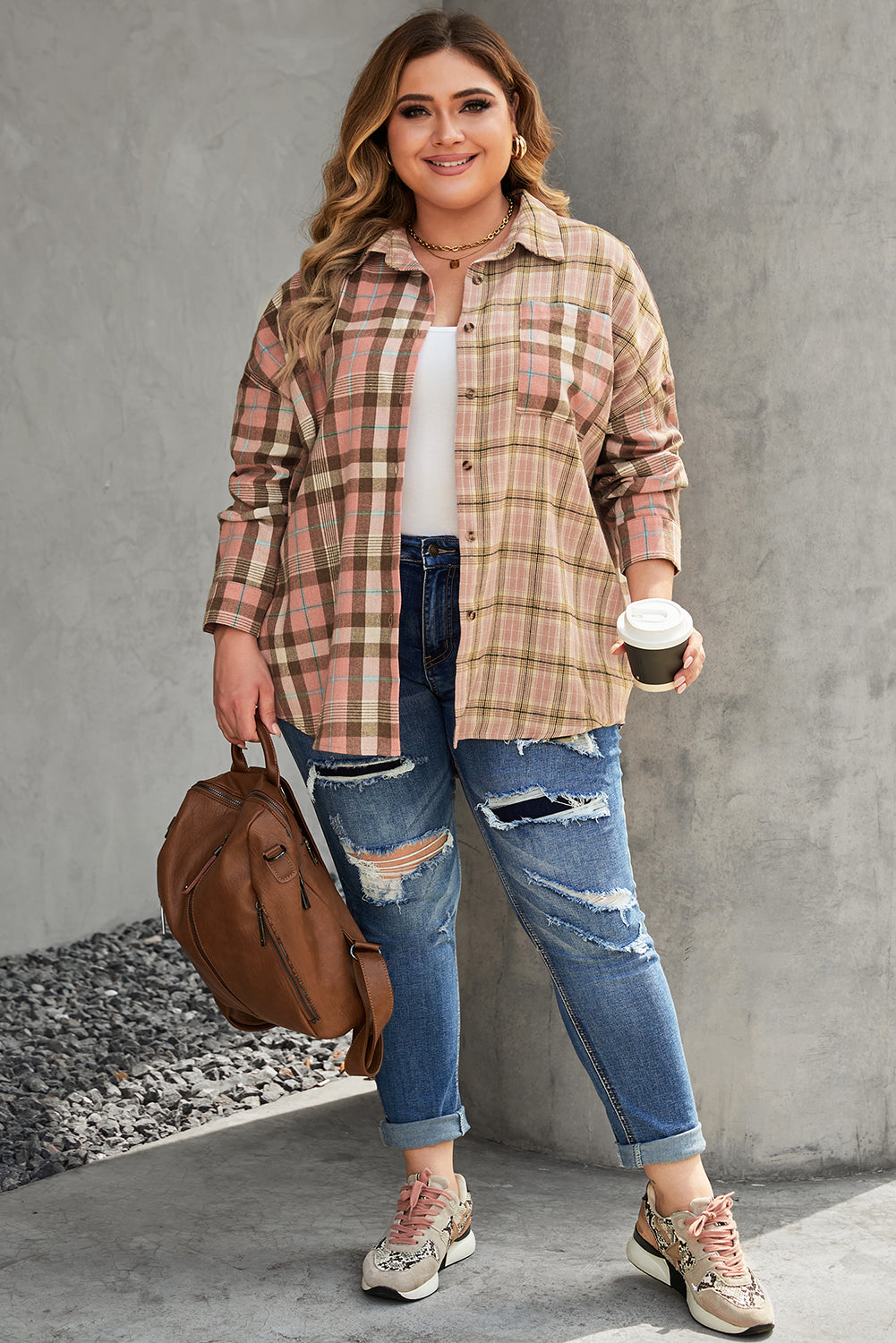 Drop Shoulder Rounded Hem Plaid Pattern Shirt