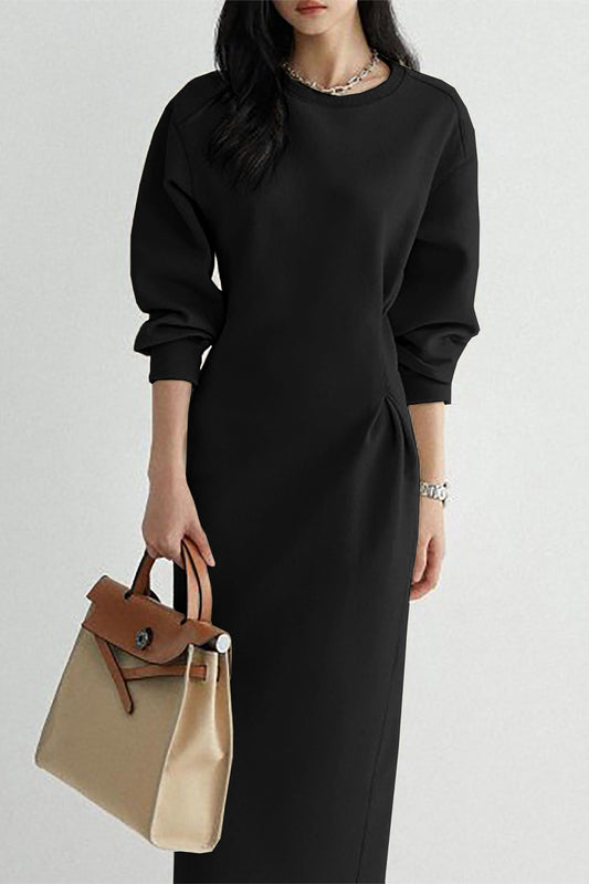 Solid Color Cinched Waist Long Sleeve Maxi Dress