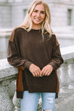 Brown Exposed Seam Patchwork Ribbed Knit Oversized Top