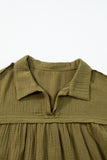 Green Frayed Trim Split Neck Puff Sleeve Flared Dress