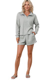 Ribbed Zipper Sweatshirt and High Waist Shorts Set