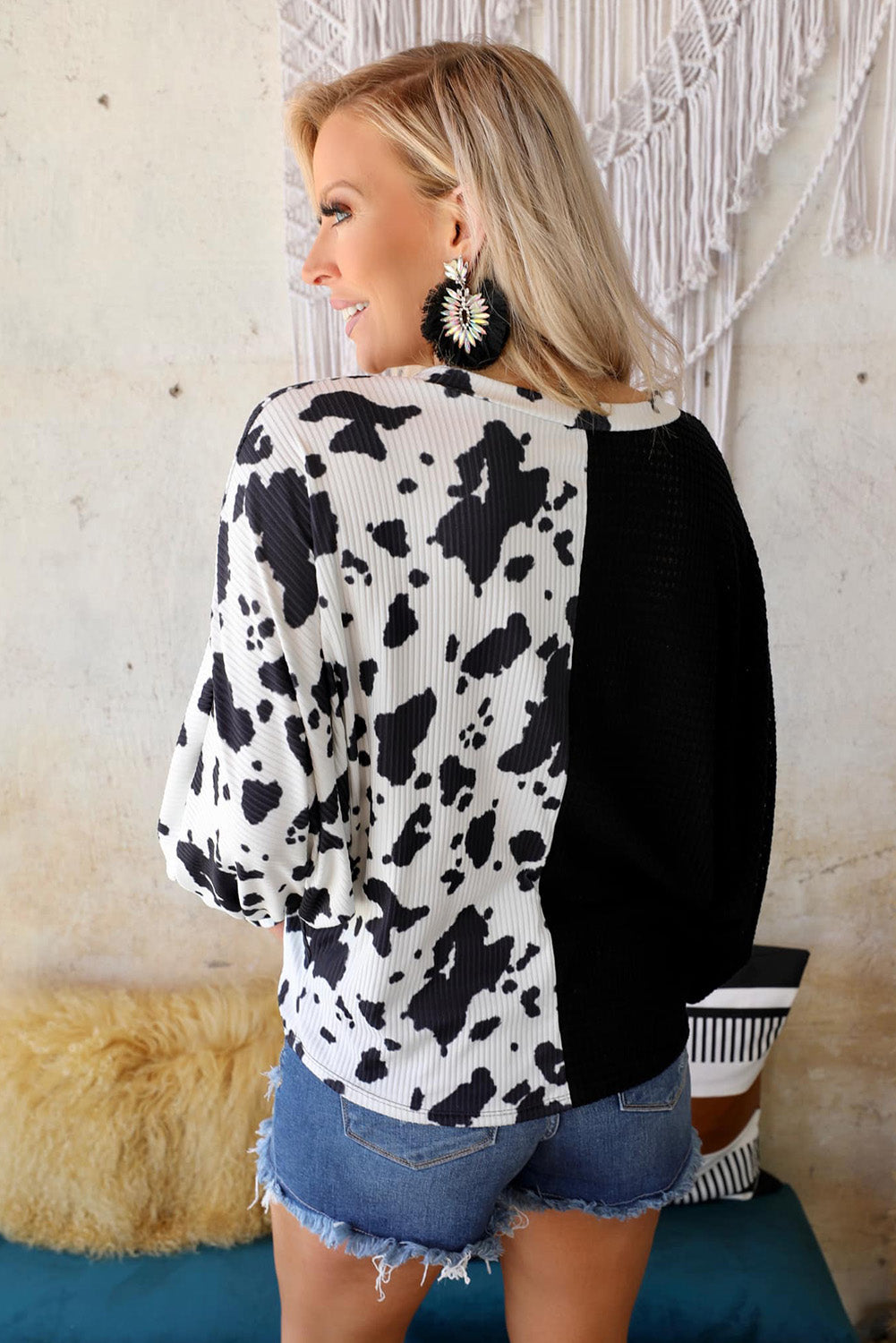 Cow Patchwork Waffle Knit Long Sleeve Top