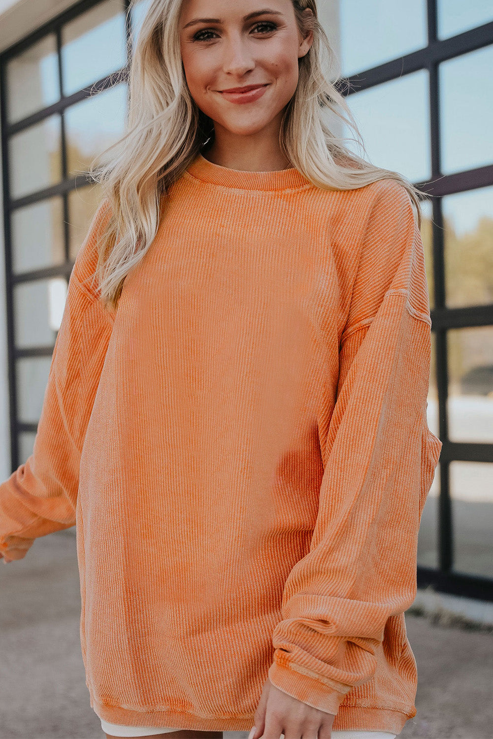 Orange Spooky Season Ghost Print Ribbed Pullover Sweatshirt