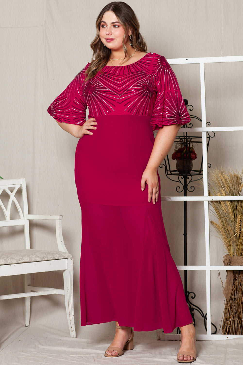 Sequin Mesh Open Back Plus Size Maxi Dress