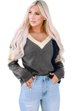 Brushed Contrast Knit V Neck Colorblock Long Sleeve Top