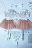 Half Mesh Cups Tulle Ruffle Garter 3pcs Lingerie Set