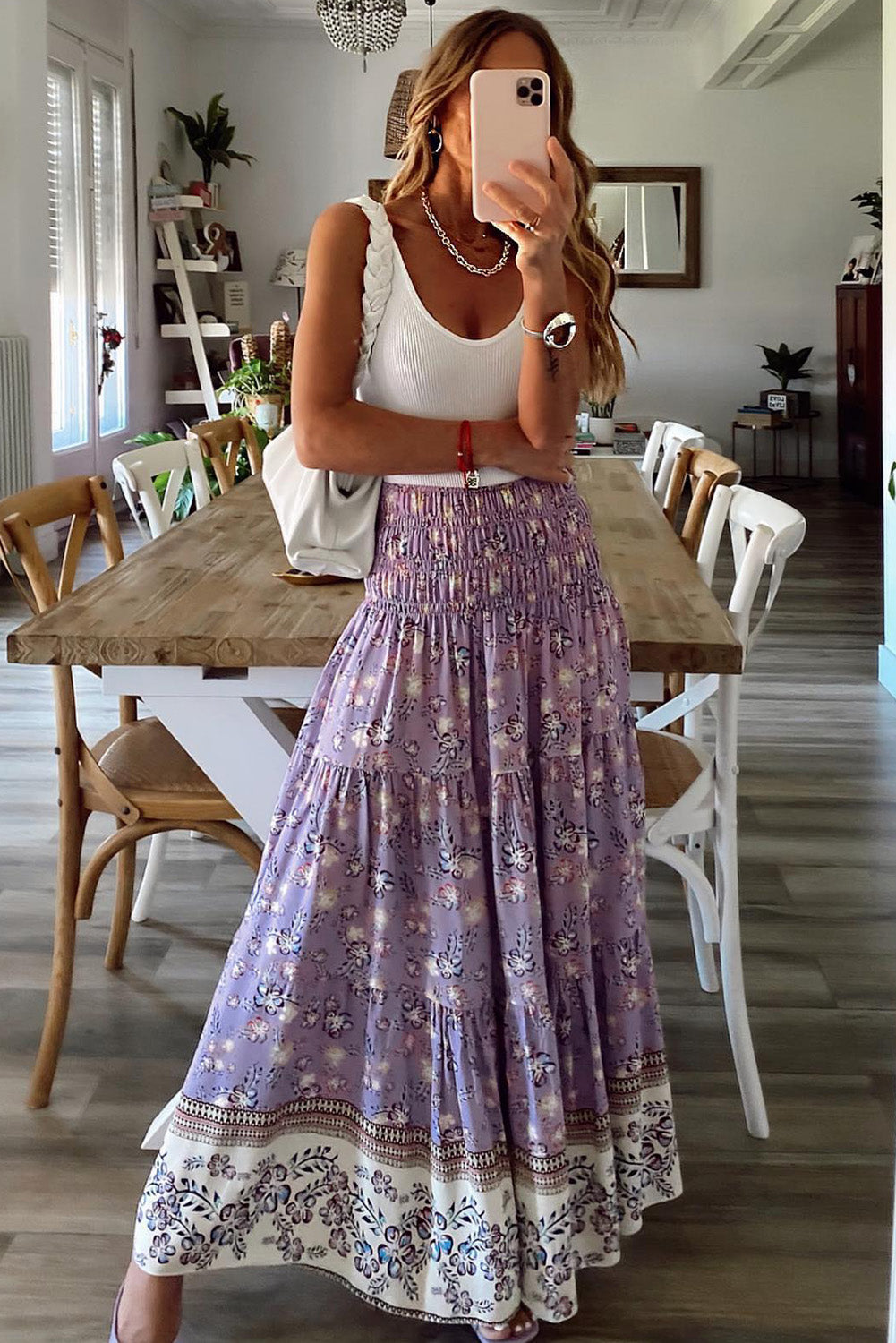 Floral Print Shirred High Waist Maxi Skirt