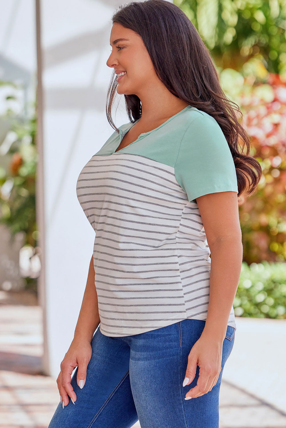 Contrast Striped Plus Size Short Sleeve Tee