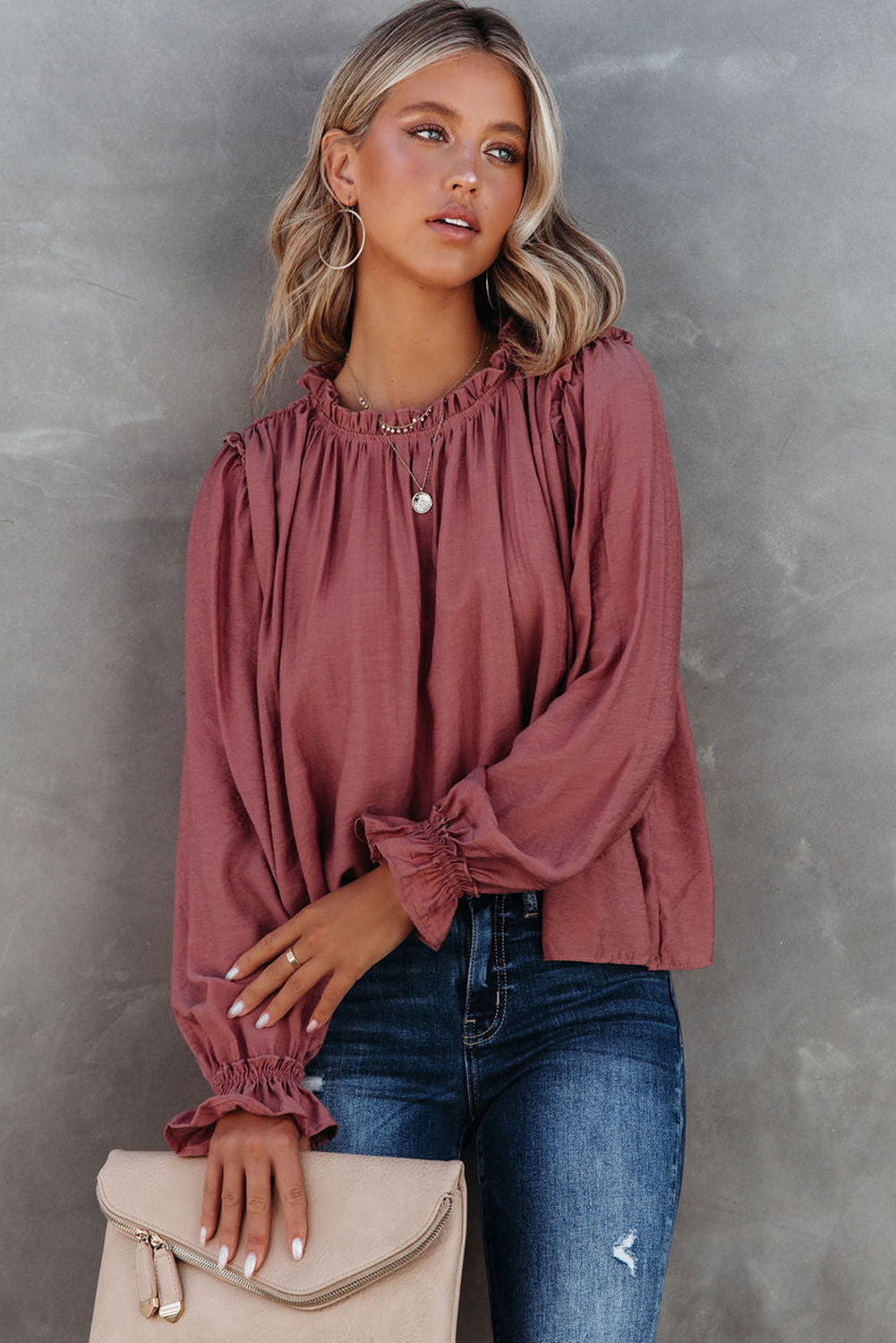 Frilled Neck Ruffled Long Sleeve Blouse