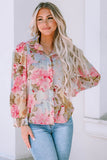 Pink Floral Print Tiered Ruffled Long Sleeve Blouse