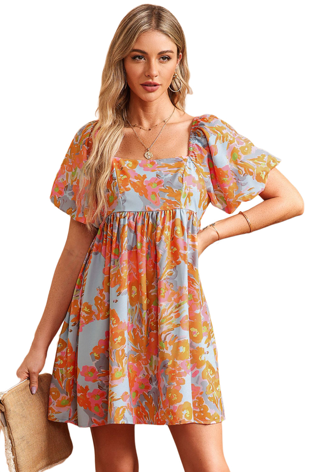 High Waist Square Neck Puff Sleeve Floral Dress