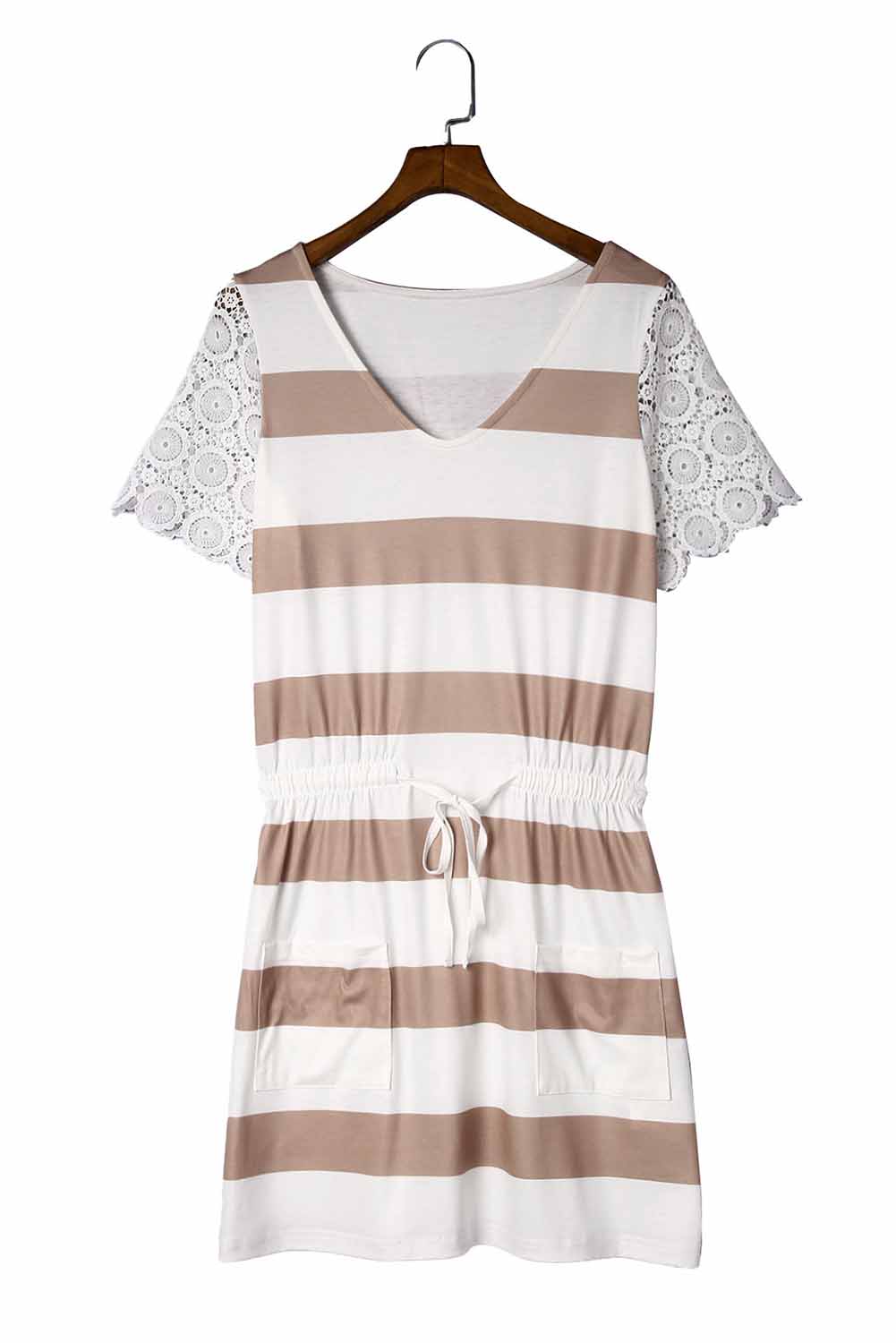 Lace Crochet Short Sleeve Drawstring Striped Dress