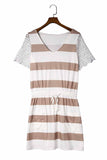 Lace Crochet Short Sleeve Drawstring Striped Dress