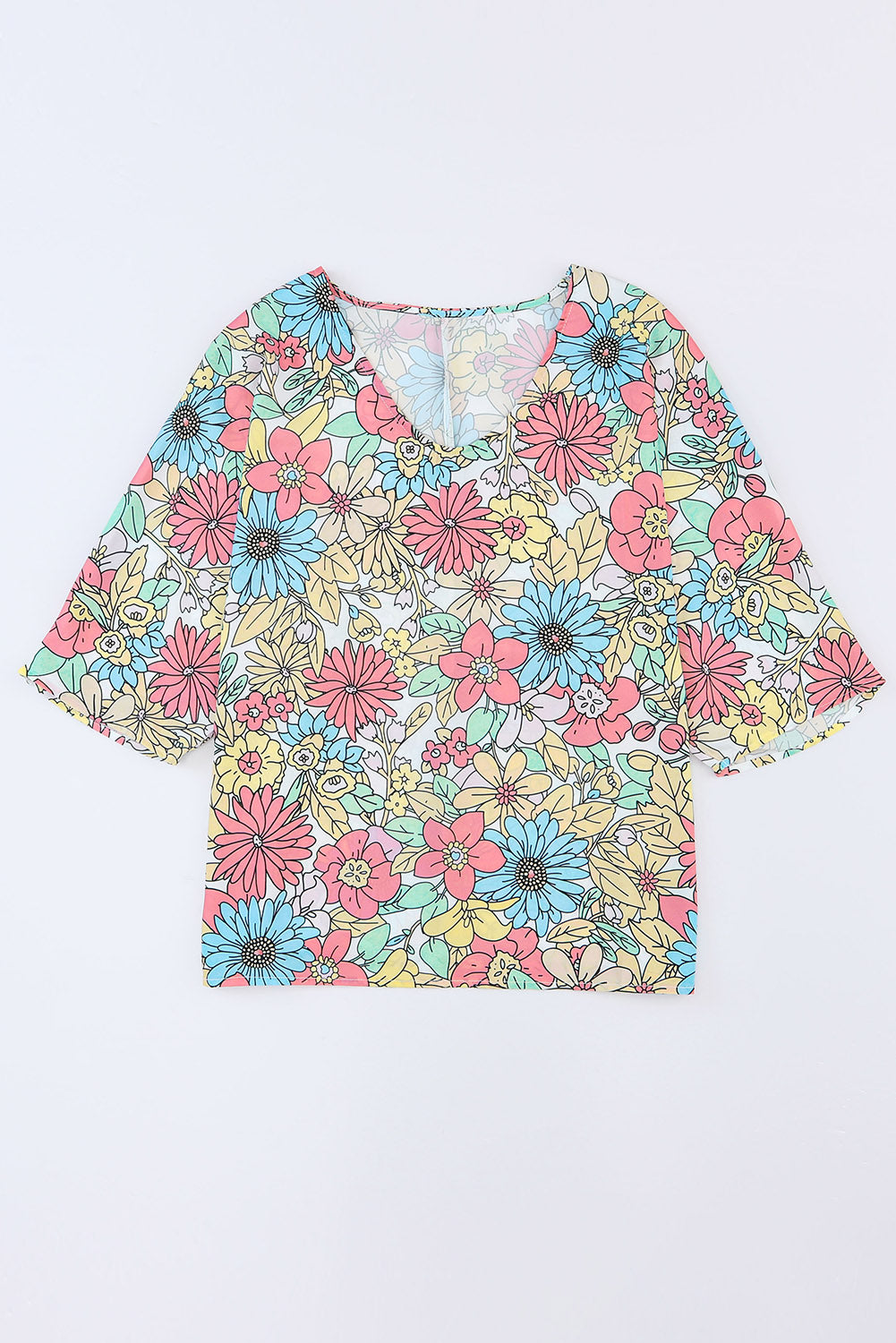 Floral Print V Neck Half Sleeve Blouse