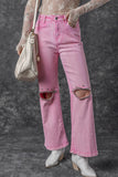 Pink High Waist Rhinestone Cutout Wide Leg Jeans