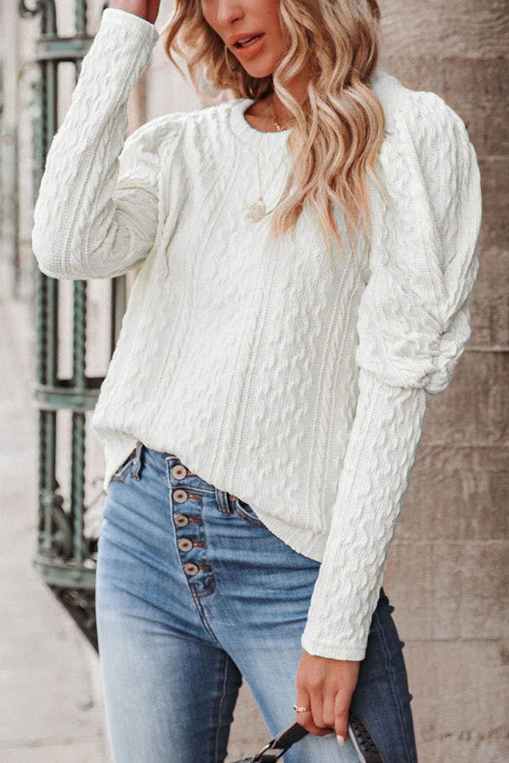 Solid Color Puffy Sleeve Textured Knit Top