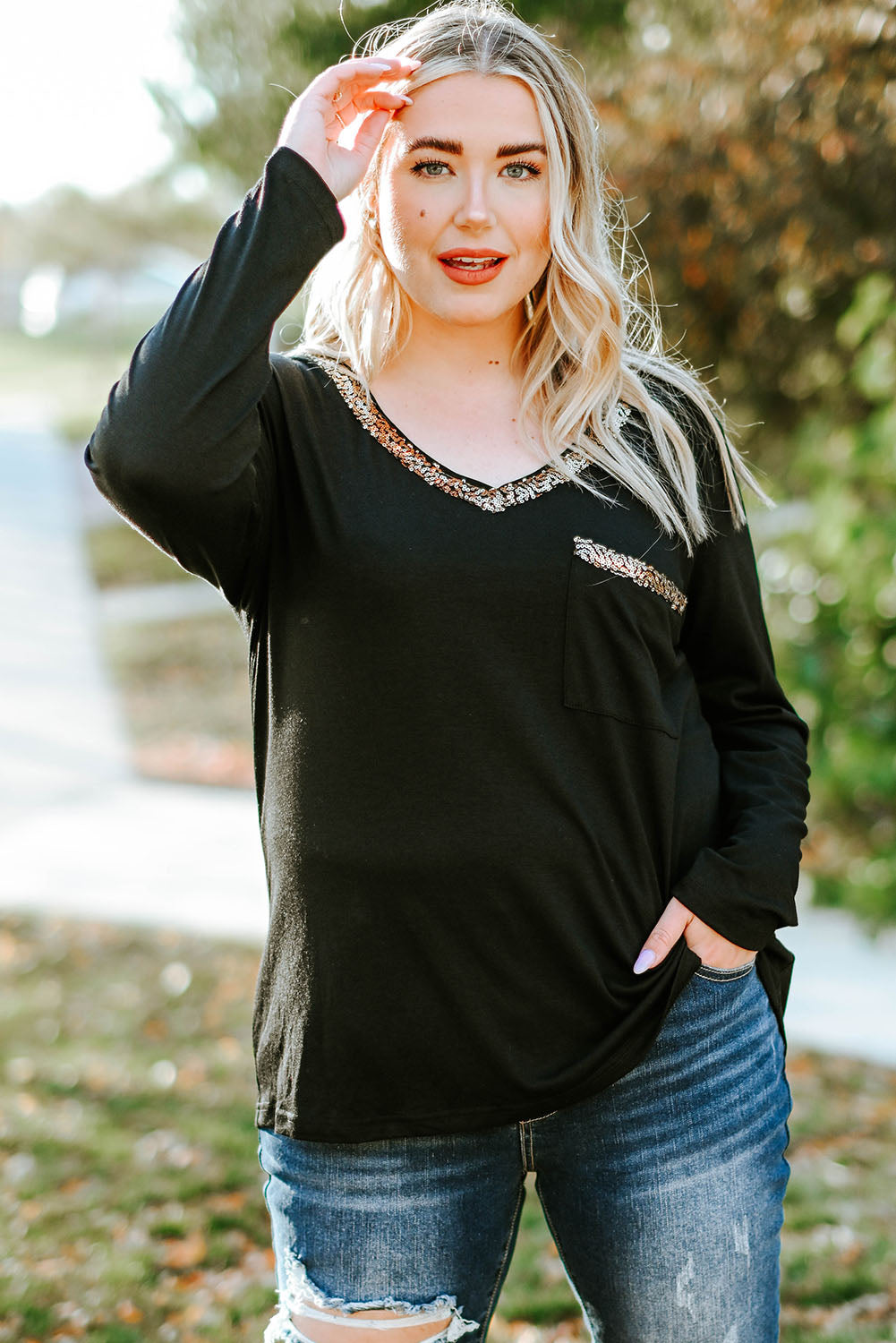 Long Sleeve Sequined V Neck Plus Size Top