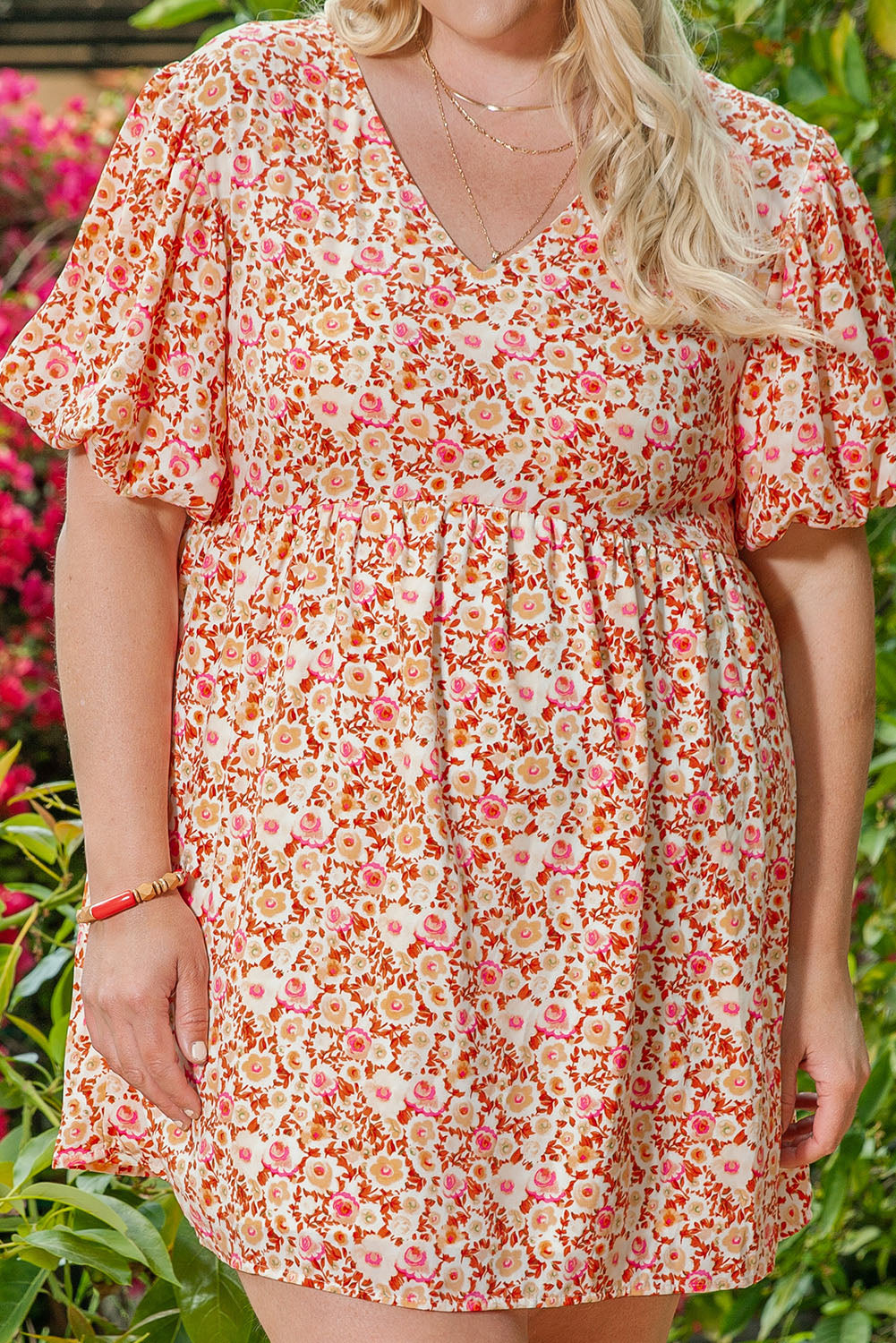 Plus Size Floral Print Puff Sleeves Dress