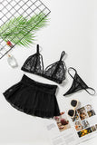 3pcs Fan-shaped Lace Ruffled Mesh Bralette Set