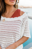 Scalloped Neckline Open Knit Short Sleeve Sweater