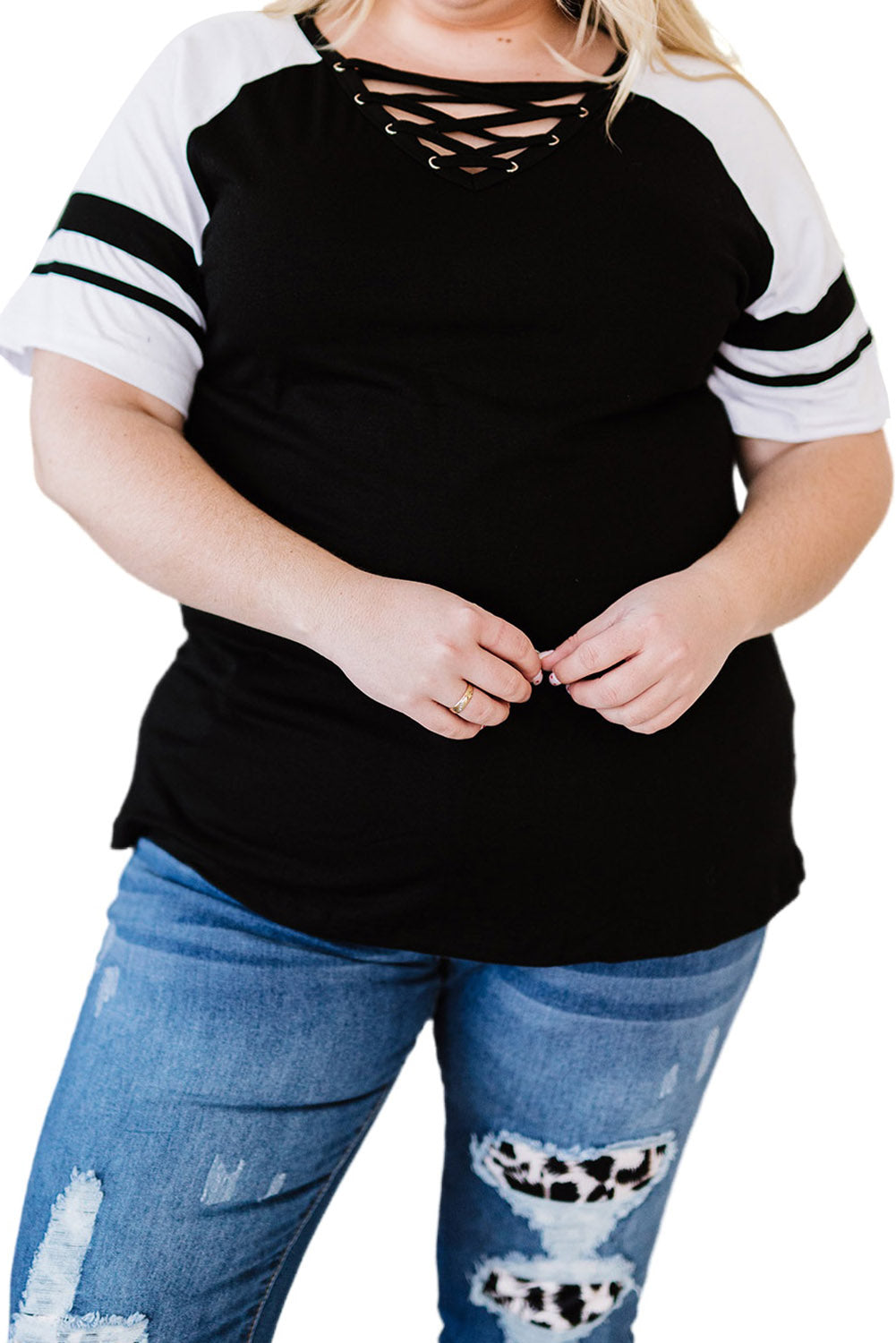 Crisscross V Neck Raglan Sleeve Plus Size Tee