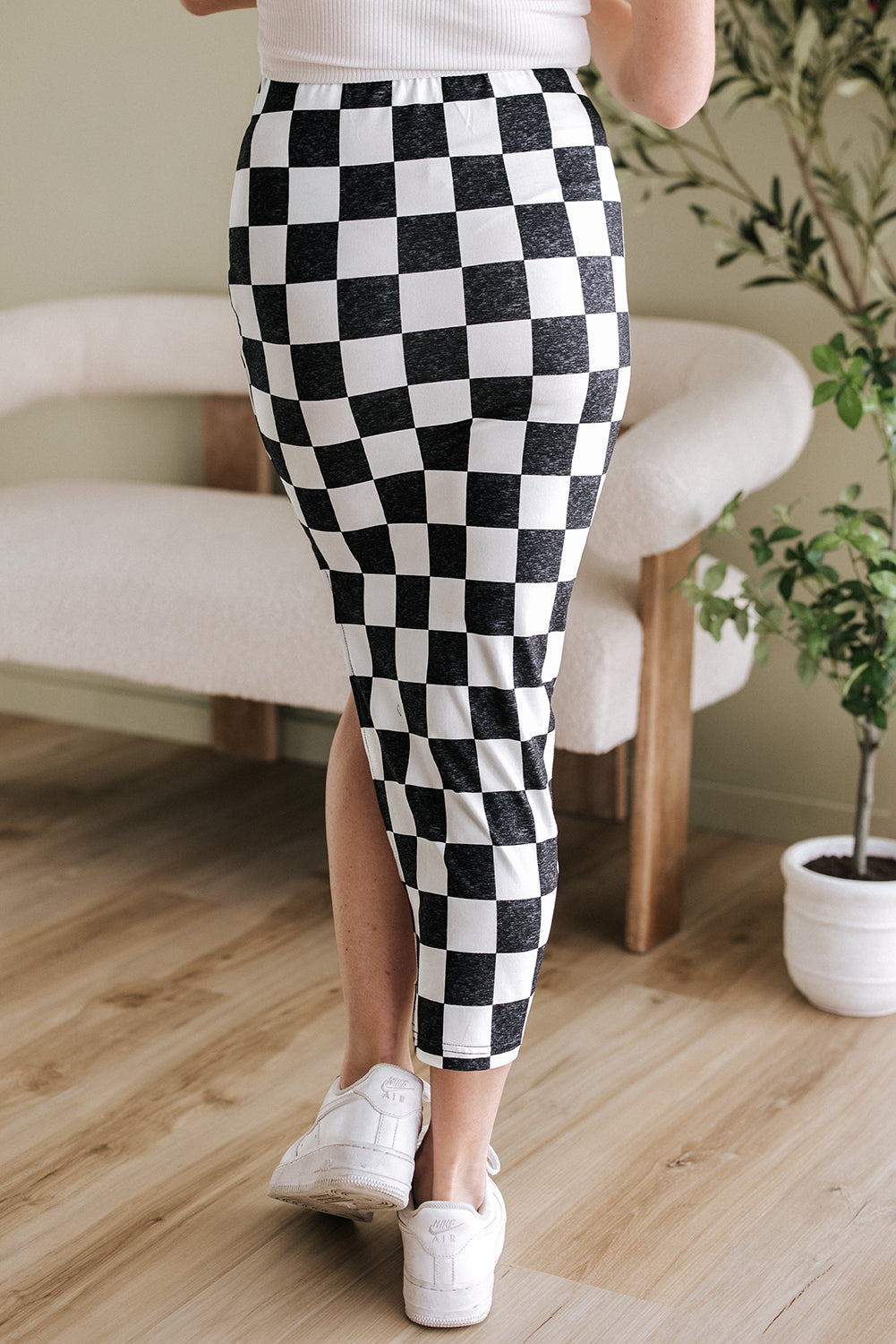 White Checkered Print Side Slit High Waist Midi Skirt