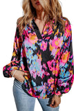 Green Graffiti Printed V Neck Puff Sleeve Blouse