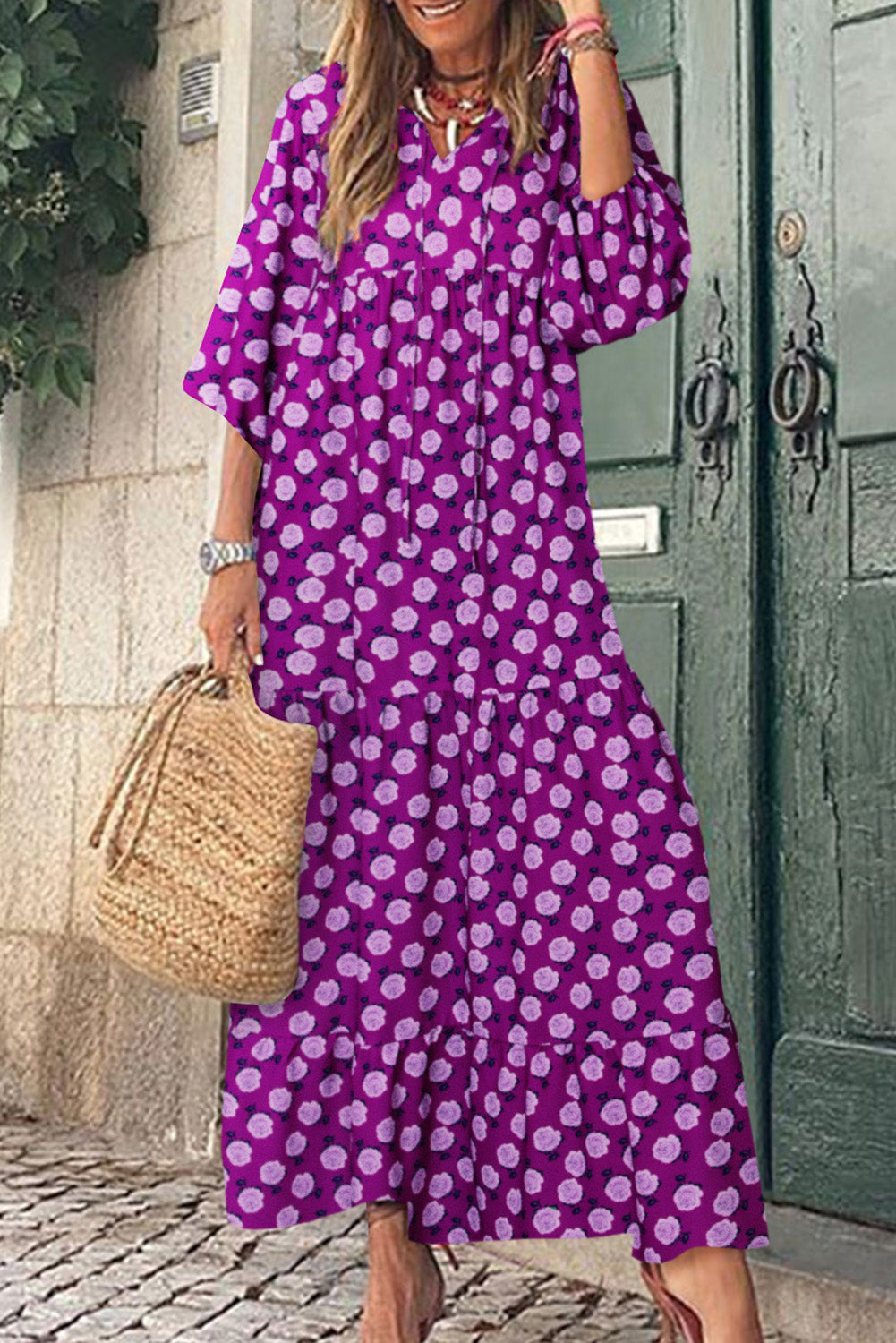 Robe longue violette imprimée bohème à manches bouffantes