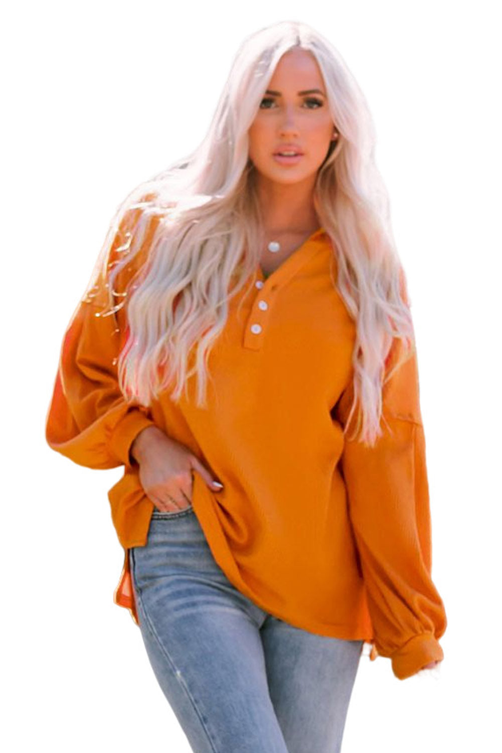 Buttoned V Neck Drop Shoulder Waffle Knit Top