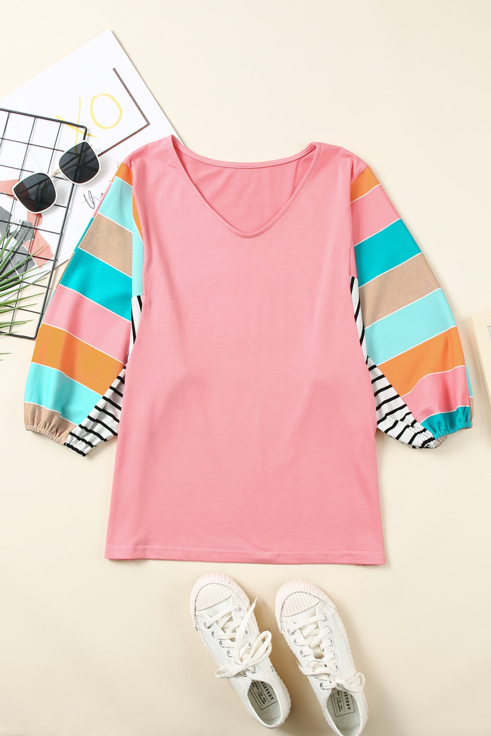 Stripe Color Block Bubble Sleeve Top