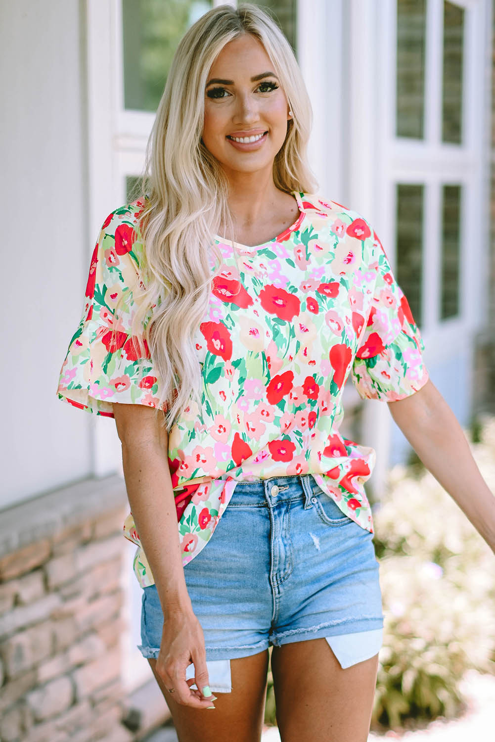 Floral Print Ruffled Short Sleeve V Neck Blouse