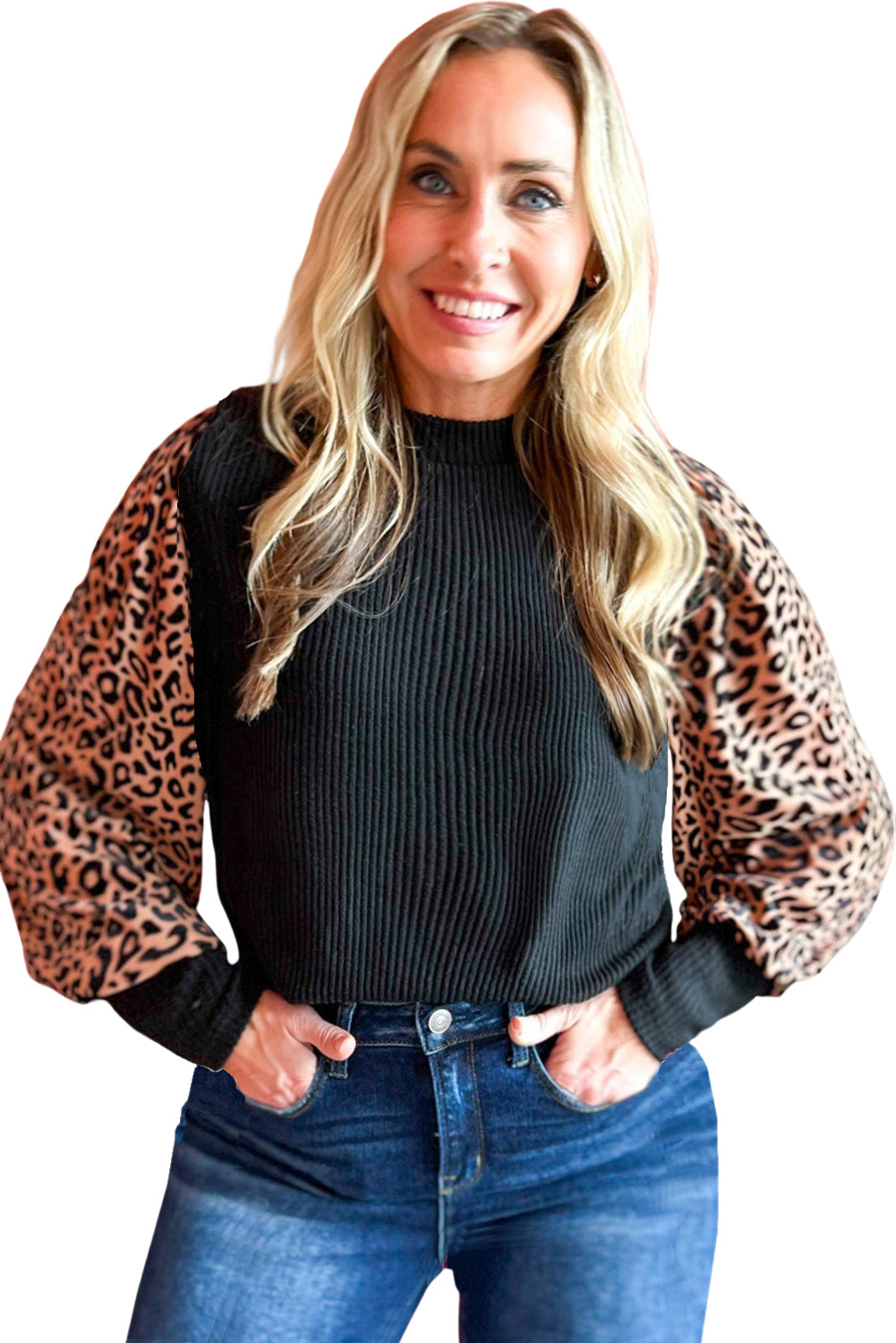 Black Leopard Print Long Sleeve Ribbed Knit Blouse