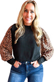 Black Leopard Print Long Sleeve Ribbed Knit Blouse