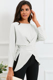 Lace-up Wrapped Split Hem Solid Long Sleeve Top