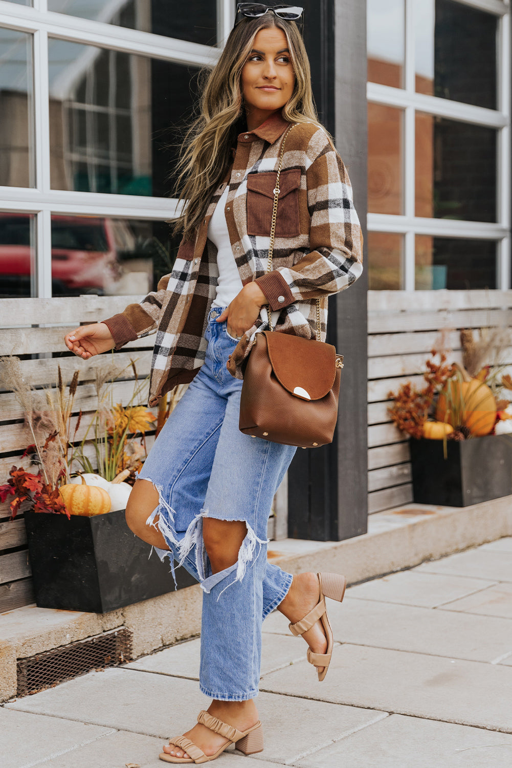 Veste-chemise à carreaux boutonnée et avec poches marron