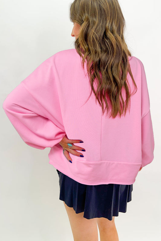 Sachet Pink Solid Color Buttoned Neckline Loose Sweatshirt