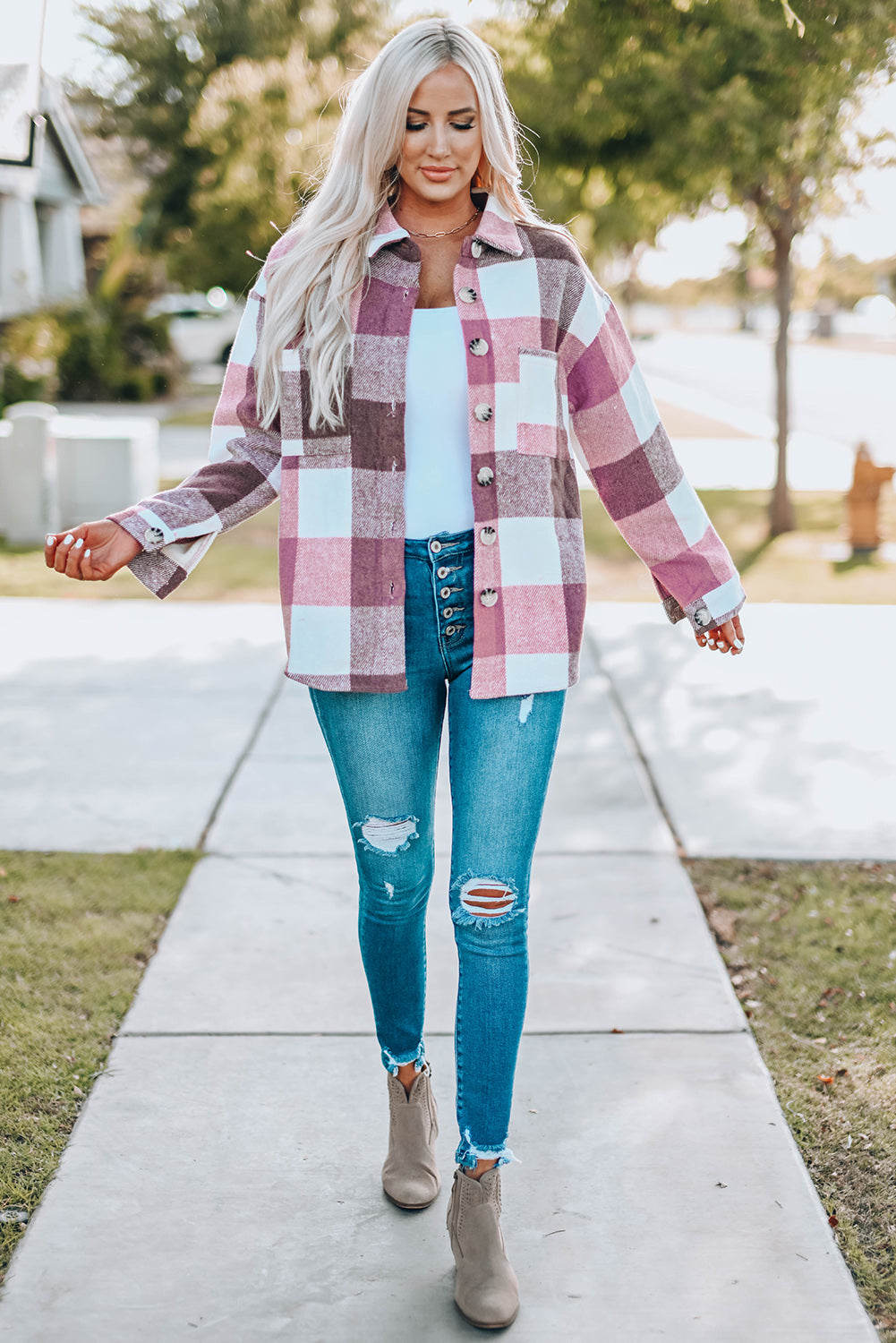 Veste kaki à carreaux color block boutonnée à manches longues avec poche