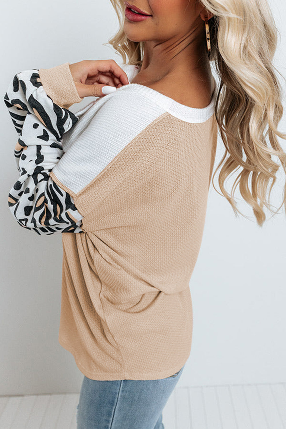 Pink Leopard Sleeve Patchwork Waffle Knit Top