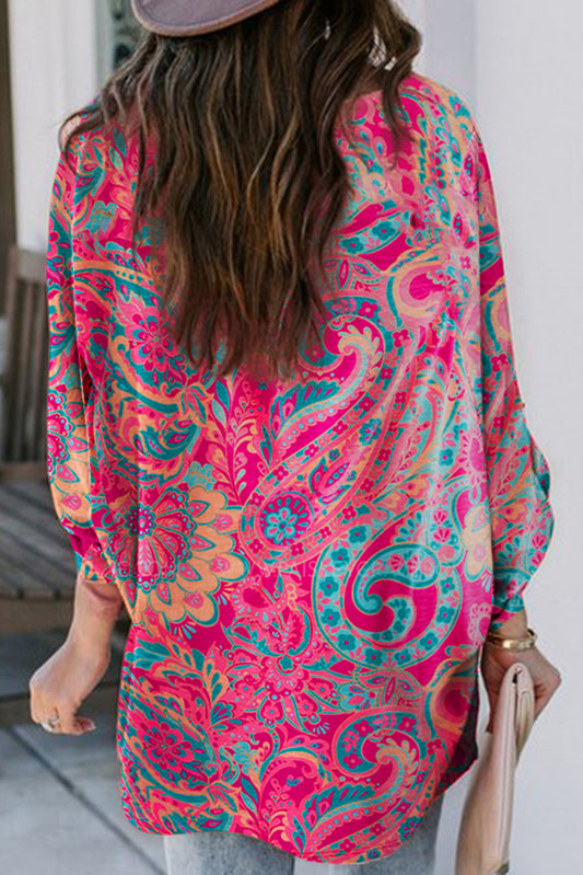 Paisley Print Tab Sleeve V-Neck Blouse