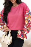 Sachet Pink Flower Patchwork Ruffled Sleeve Ribbed Knit Drop Shoulder Top