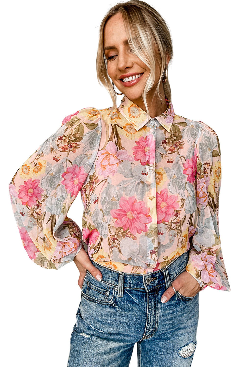 Pink Floral Print Tiered Ruffled Long Sleeve Blouse