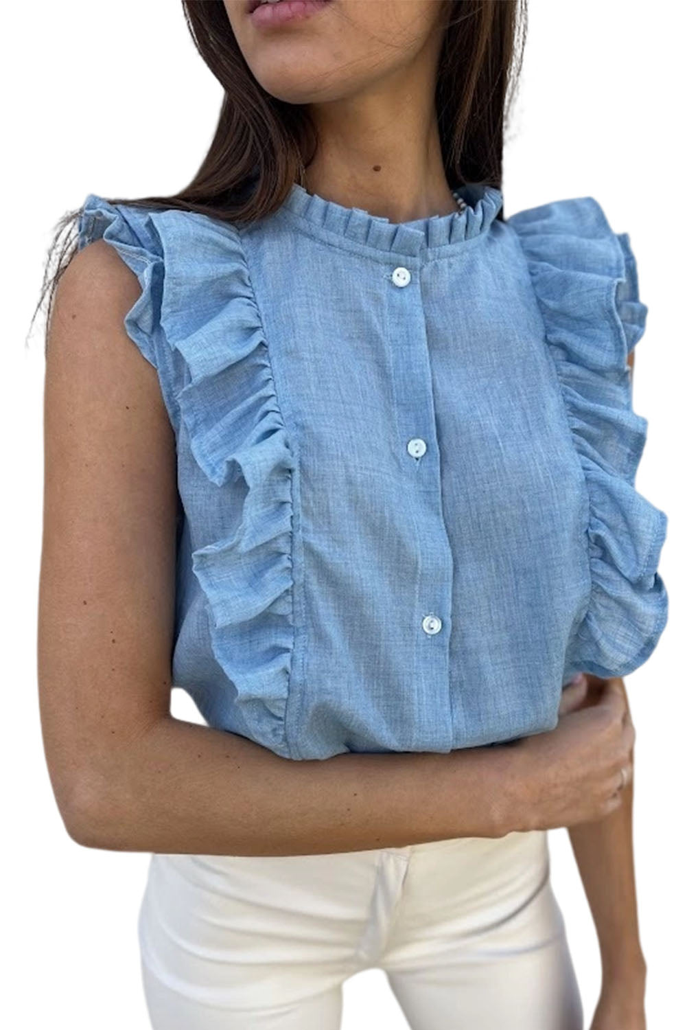 Chemise sans manches légère et douce à volants bleu ciel