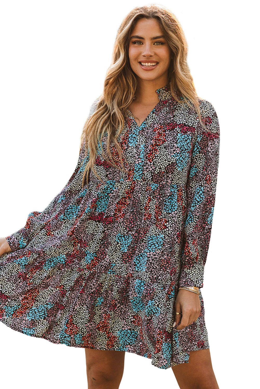 Floral Print High Waist V Neck Shirt Dress