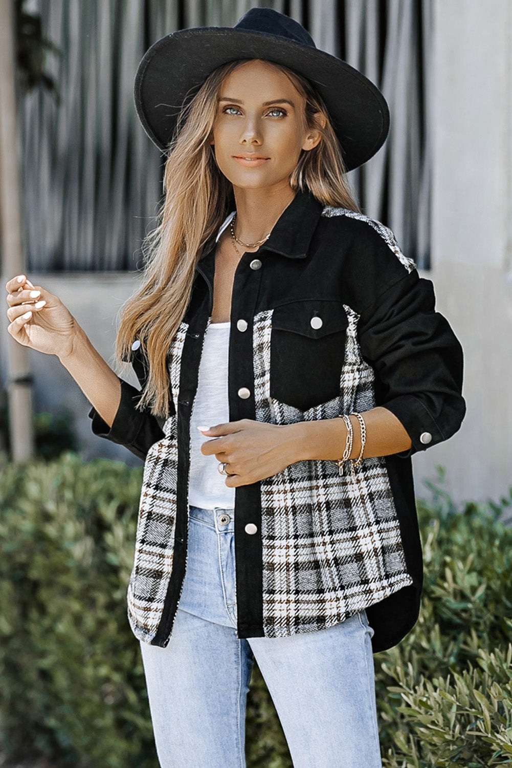 Plaid Patchwork Raw Hem Denim Jacket