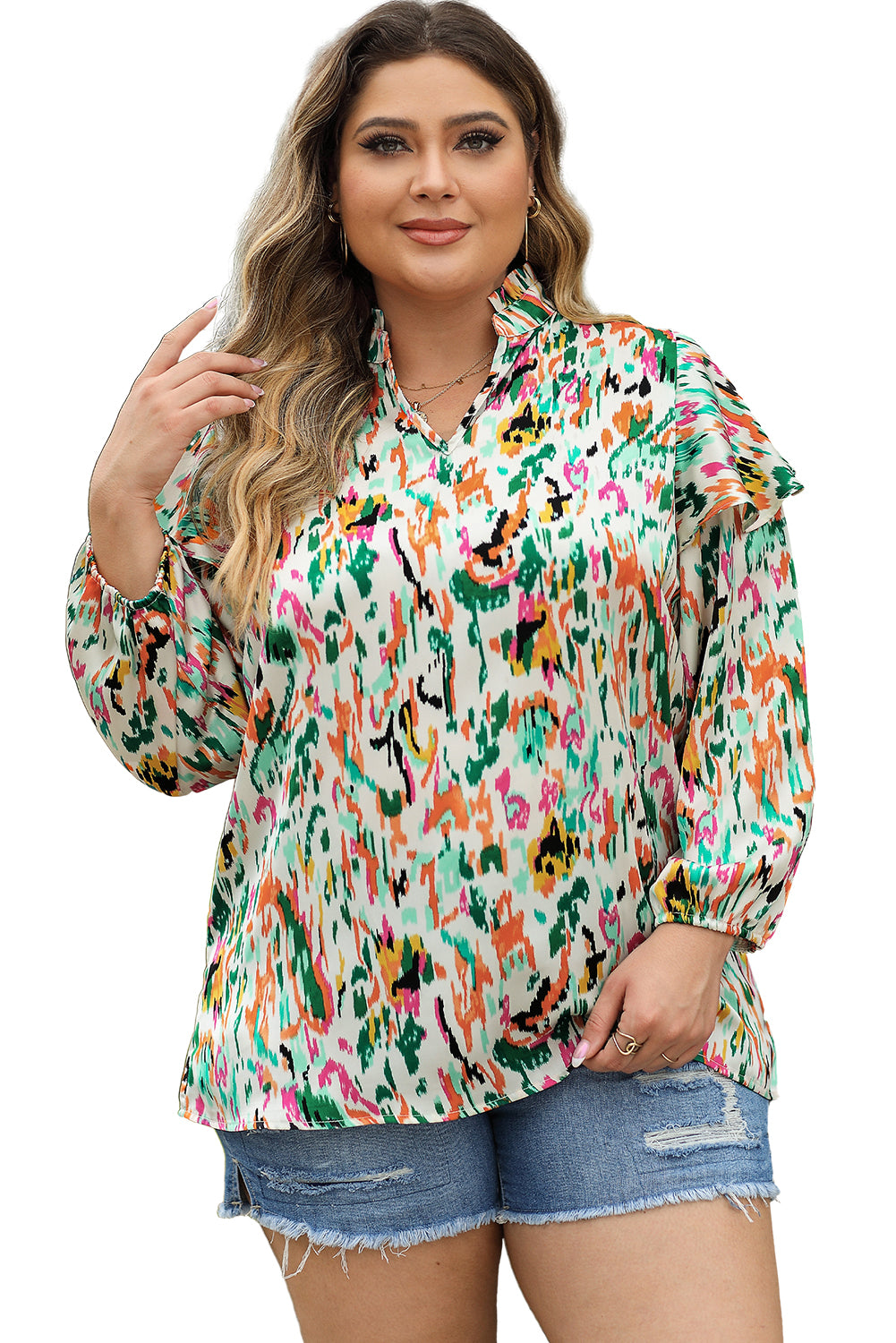 Multicolor Abstract Print 3/4 Puff Sleeve Ruffle Blouse