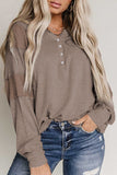 Gray Waffle Patchwork Dolman Sleeve Henley Top