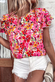 Blouse à manches superposées à fleurs rouge